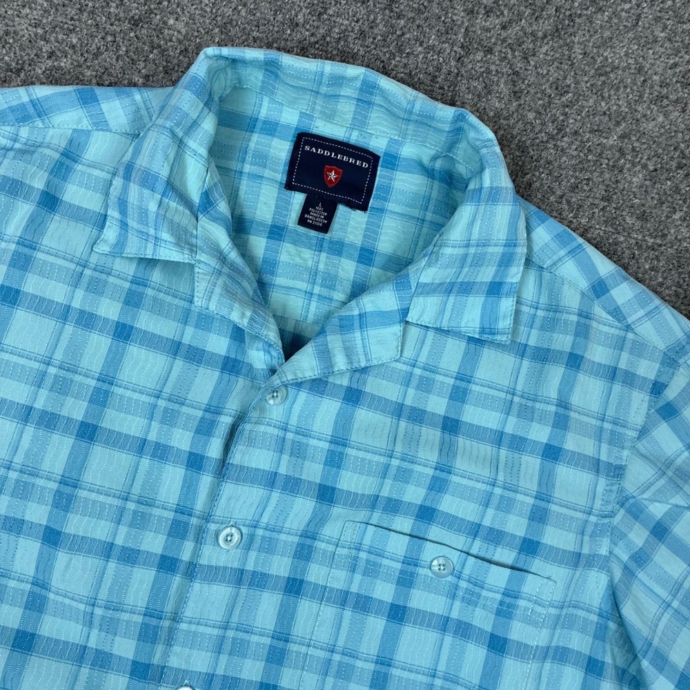 Saddlebred Mens Size Large Turquoise Blue Plaid Short Sleeve Button Down Shirt